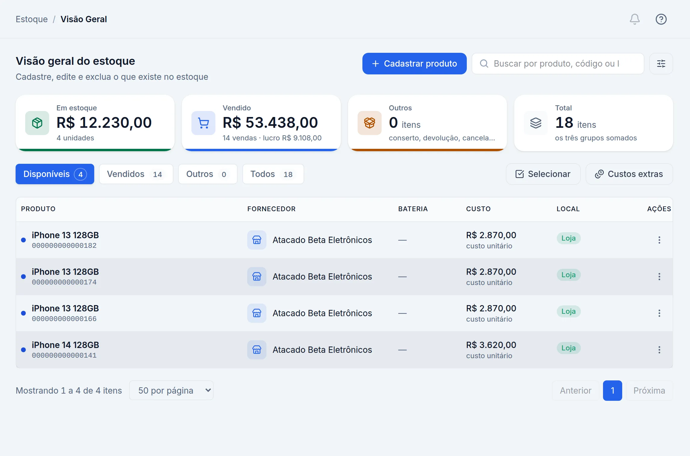 Tela Visão geral do estoque do Aiphos, com os aparelhos disponíveis e o custo de cada um