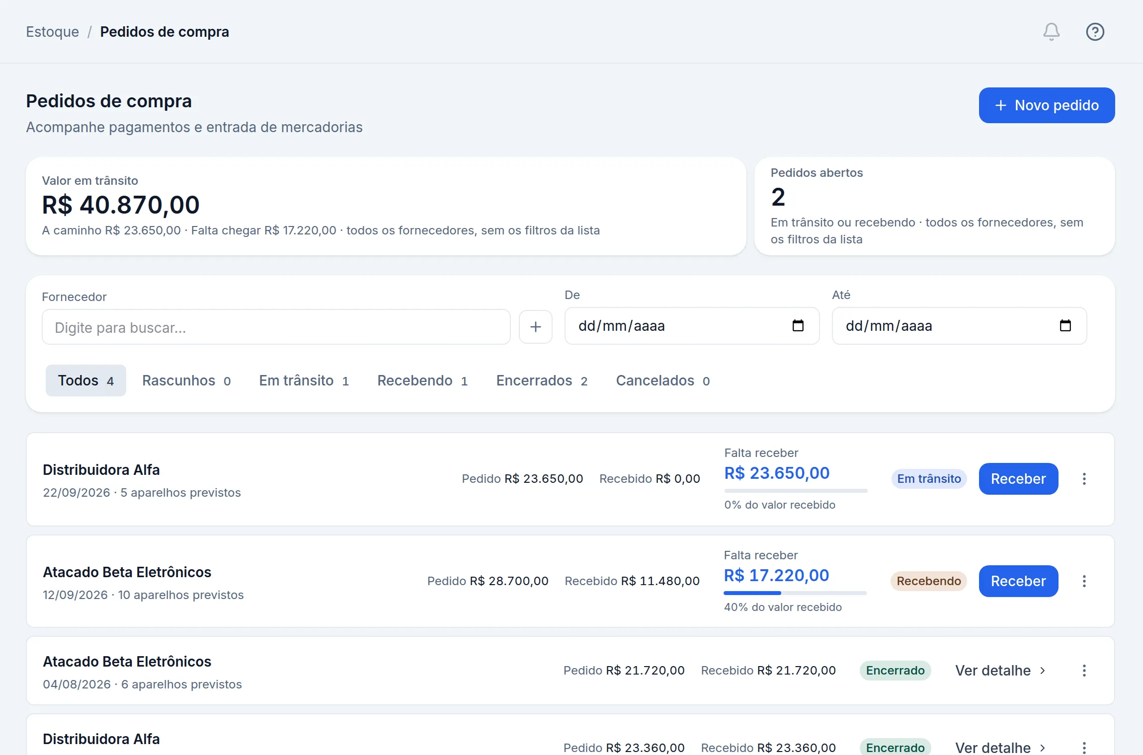 Tela Pedidos de compra do Aiphos, com o valor pago que ainda está em trânsito